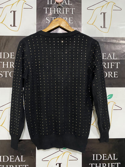|M| BUST 18| A60|BLACK METALLIC-STUDDED CREWNECK TECHNICAL UTILITY SWEATER