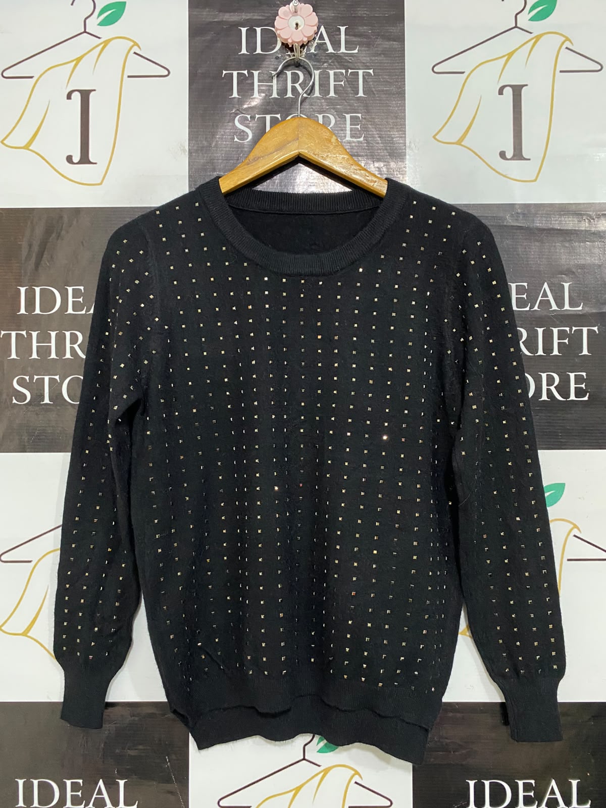 |M| BUST 18| A60|BLACK METALLIC-STUDDED CREWNECK TECHNICAL UTILITY SWEATER