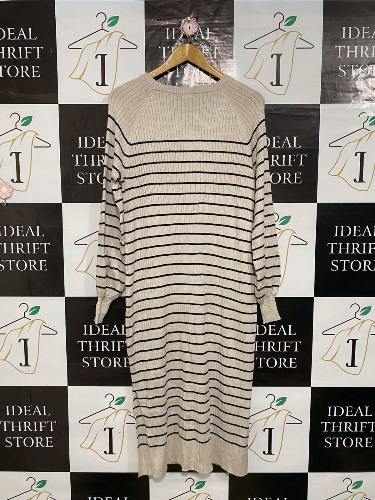 ANKO |M| BUST 19| A60|BEIGE AND BLACK STRIPED RIBBED CREWNECK TECHNICAL UTILITY MIDI DRESS