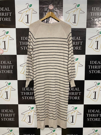 ANKO |M| BUST 19| A60|BEIGE AND BLACK STRIPED RIBBED CREWNECK TECHNICAL UTILITY MIDI DRESS