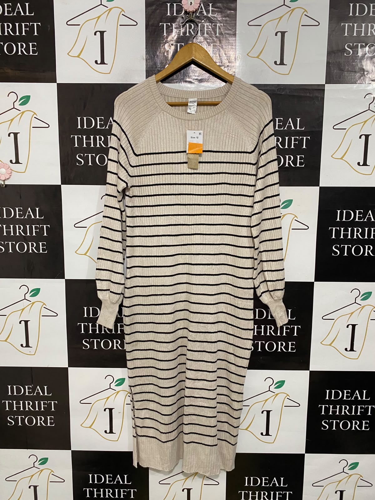 ANKO |M| BUST 19| A60|BEIGE AND BLACK STRIPED RIBBED CREWNECK TECHNICAL UTILITY MIDI DRESS