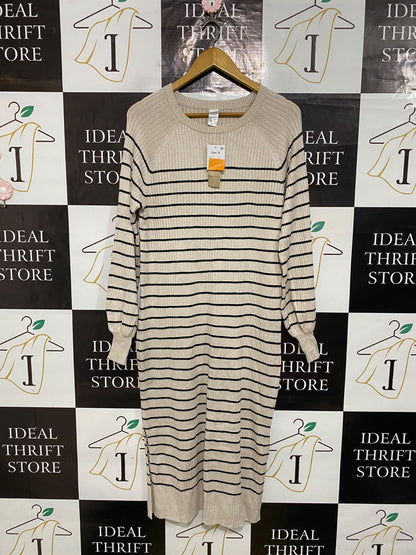 ANKO |M| BUST 19| A60|BEIGE AND BLACK STRIPED RIBBED CREWNECK TECHNICAL UTILITY MIDI DRESS