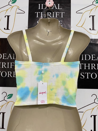SUPRE |XS| BUST 15| A59|TIE-DYE PASTEL FRONT-RUCHED V-NECK TECHNICAL UTILITY CROP TOP