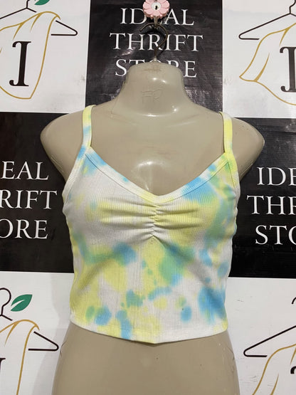 SUPRE |XS| BUST 15| A59|TIE-DYE PASTEL FRONT-RUCHED V-NECK TECHNICAL UTILITY CROP TOP