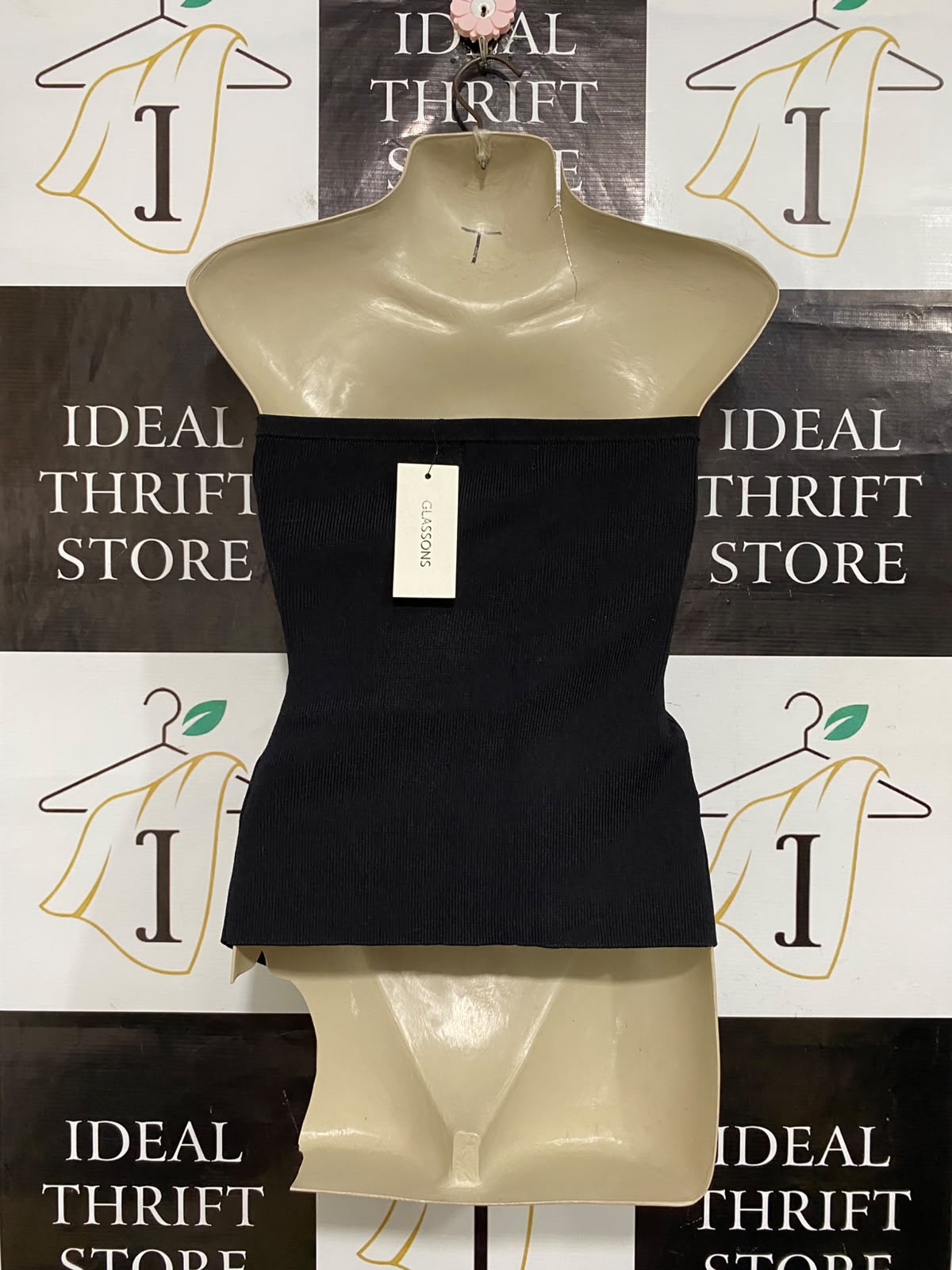 GLASSONS |S| BUST 15| A59| BLACK STRAPLESS FRONT-SPLIT RIBBED TECHNICAL UTILITY TUBE TOP