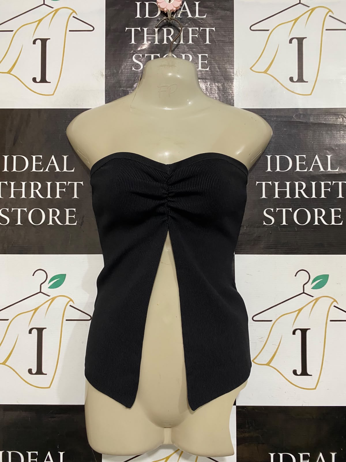 GLASSONS |S| BUST 15| A59| BLACK STRAPLESS FRONT-SPLIT RIBBED TECHNICAL UTILITY TUBE TOP
