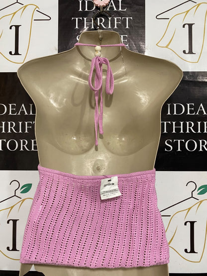 COTTON ON |M| BUST 15| A59| PASTEL PINK OPEN-KNIT HALTER-NECK TECHNICAL UTILITY CROP TOP