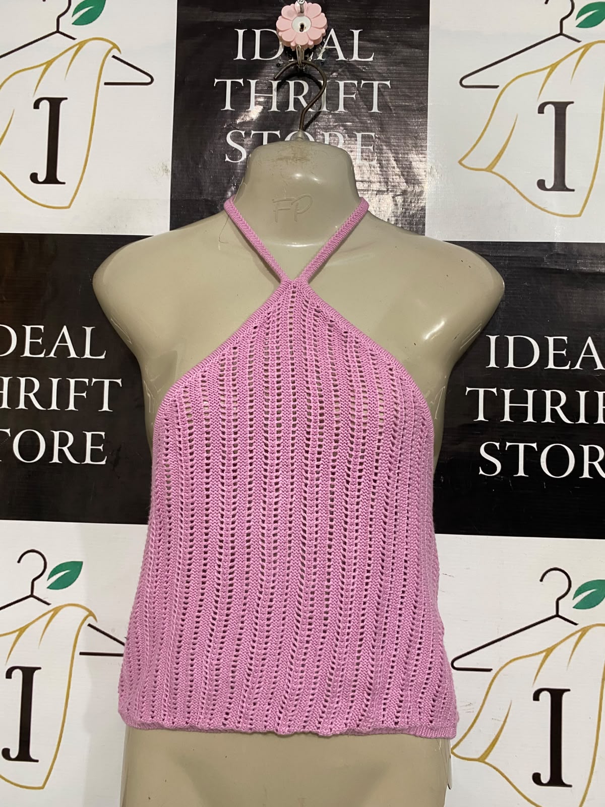 COTTON ON |M| BUST 15| A59| PASTEL PINK OPEN-KNIT HALTER-NECK TECHNICAL UTILITY CROP TOP