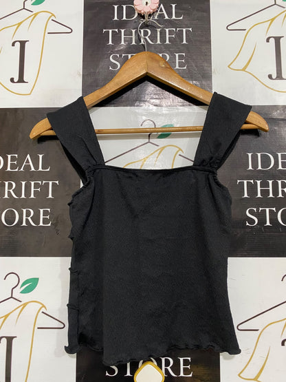 GO GIRL GO |S| BUST 13| A59| BLACK WIDE-STRAP TIERED-RUFFLE TECHNICAL UTILITY CROP TOP