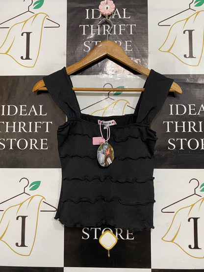 GO GIRL GO |S| BUST 13| A59| BLACK WIDE-STRAP TIERED-RUFFLE TECHNICAL UTILITY CROP TOP