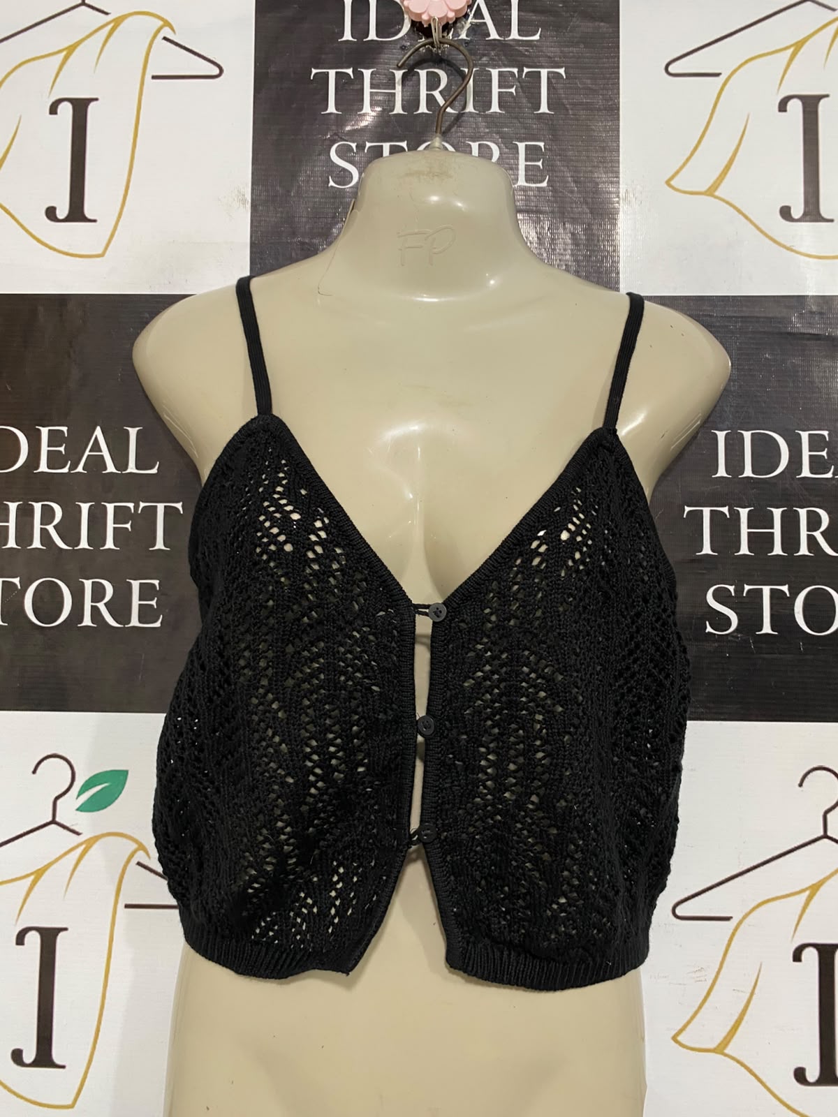 COTTON ON |M| BUST 16| A59| BLACK OPEN-KNIT BUTTON-FRONT TECHNICAL UTILITY CROP TOP