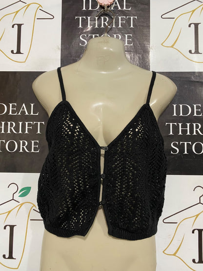 COTTON ON |M| BUST 16| A59| BLACK OPEN-KNIT BUTTON-FRONT TECHNICAL UTILITY CROP TOP