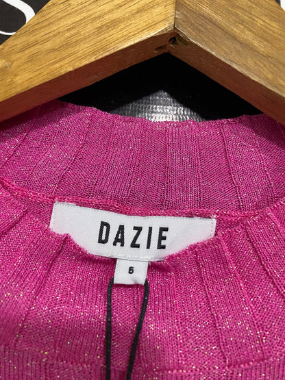 DAZIE |S| BUST 14| A59| HOT PINK METALLIC-SHIMMER CREWNECK BACK-TIE TECHNICAL UTILITY CROP TOP