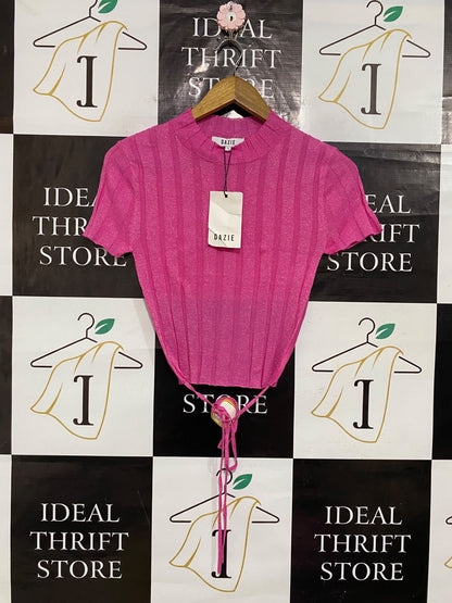 DAZIE |S| BUST 14| A59| HOT PINK METALLIC-SHIMMER CREWNECK BACK-TIE TECHNICAL UTILITY CROP TOP