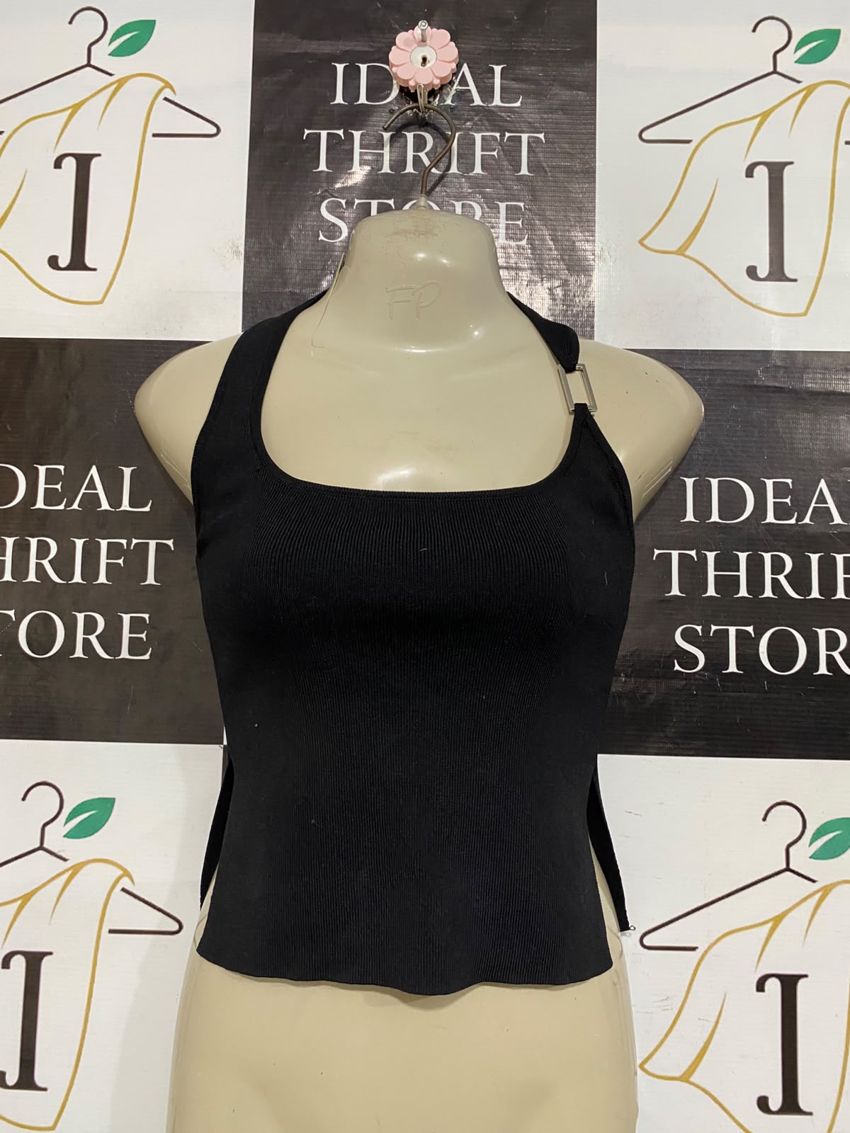 WHITE FOX |XS| BUST 15| A59| BLACK HARDWARE-BUCKLE SQUARE-NECK TECHNICAL UTILITY CROP TOP