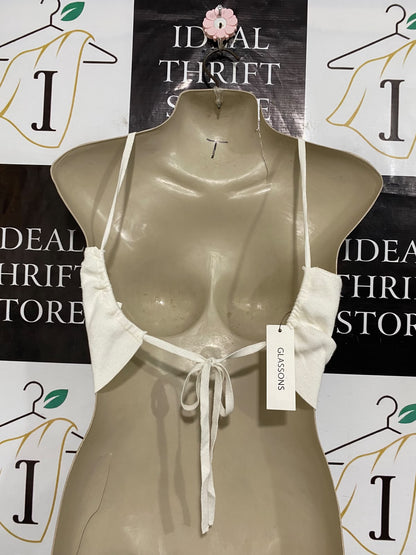 GLASSONS |XS| BUST 15| A59| OFF-WHITE HALTER-NECK RIBBED TECHNICAL UTILITY CROP TOP