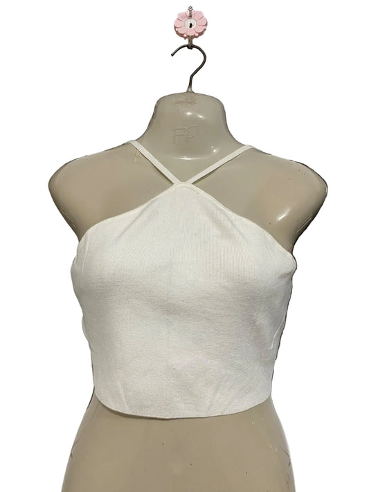 GLASSONS |XS| BUST 15| A59| OFF-WHITE HALTER-NECK RIBBED TECHNICAL UTILITY CROP TOP