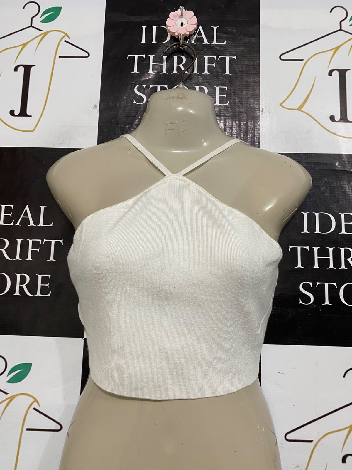 GLASSONS |XS| BUST 15| A59| OFF-WHITE HALTER-NECK RIBBED TECHNICAL UTILITY CROP TOP