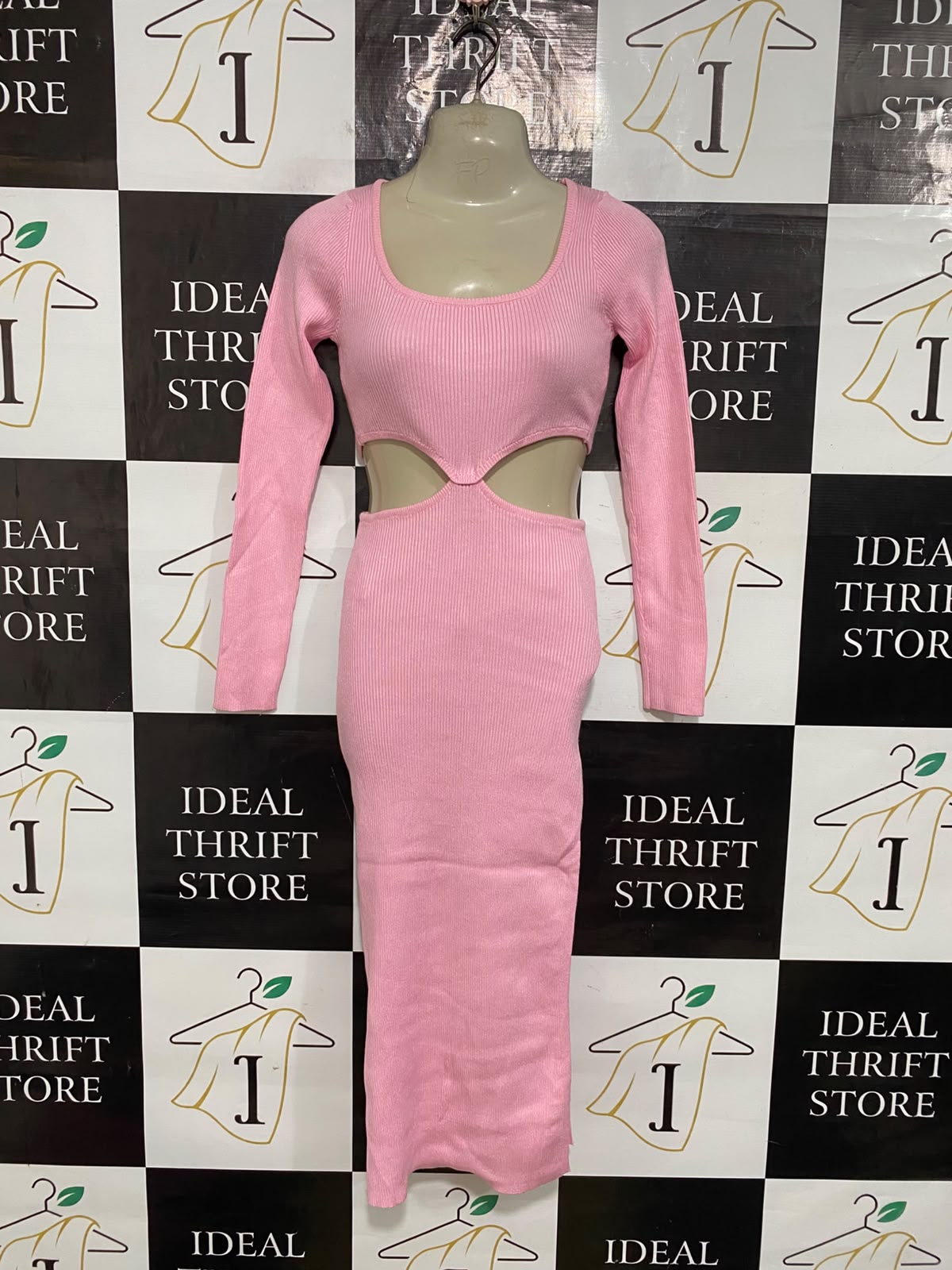 MY GIRL |S| BUST 15| A59| PASTEL PINK CUTOUT LONG-SLEEVE RIBBED TECHNICAL UTILITY MIDI DRESS