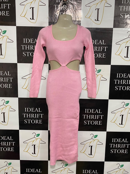 MY GIRL |S| BUST 15| A59| PASTEL PINK CUTOUT LONG-SLEEVE RIBBED TECHNICAL UTILITY MIDI DRESS