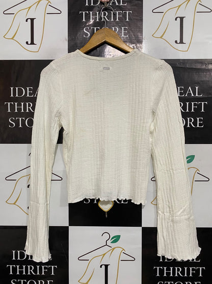GHANDA |M| BUST 15| A59| WHITE RIBBED BELL-SLEEVE TECHNICAL UTILITY CARDIGAN TOP