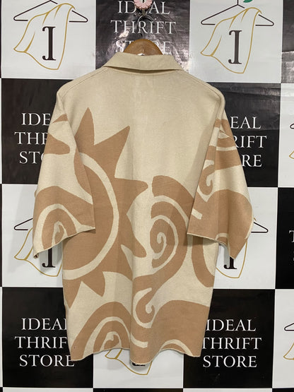 SELFIE LESLIE |S| BUST 21| A59| BEIGE ABSTRACT-PRINT COLLARED TECHNICAL UTILITY KNIT SHIRT