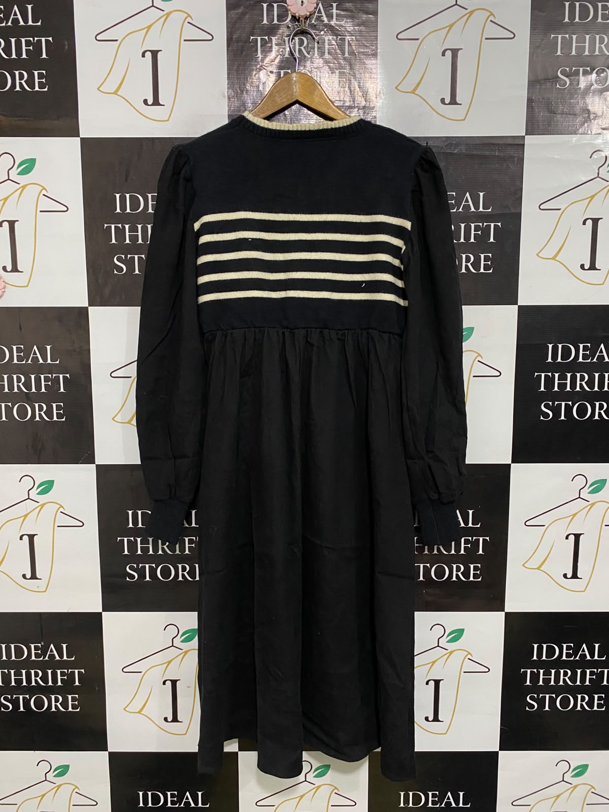 |M| BUST 19| A59| BLACK AND WHITE STRIPED-BODICE LONG-SLEEVE TECHNICAL UTILITY MIDI DRESS