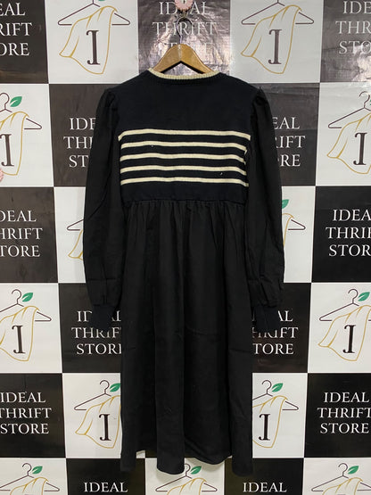 |M| BUST 19| A59| BLACK AND WHITE STRIPED-BODICE LONG-SLEEVE TECHNICAL UTILITY MIDI DRESS