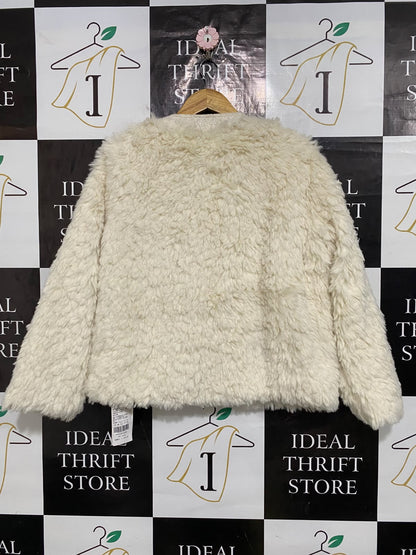 LA CHAPELLE |M| BUST 22| A59| CREAM TEXTURED FAUX-FUR & TWEED GOLD-BUTTON TECHNICAL UTILITY JACKET