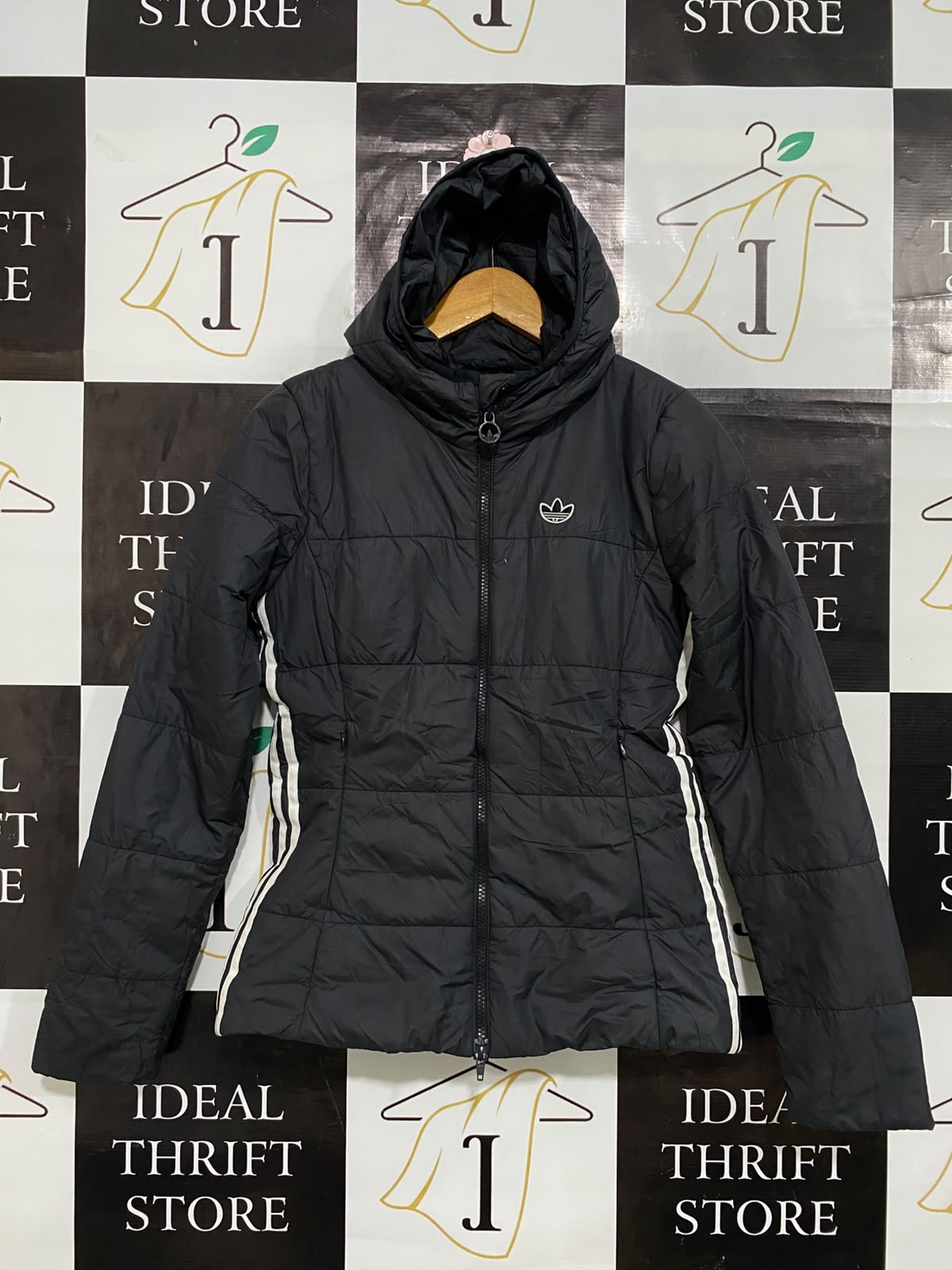 ADIDAS |S| BUST 18| A59| BLACK HOODED THREE-STRIPE TECHNICAL UTILITY PUFFER JACKET