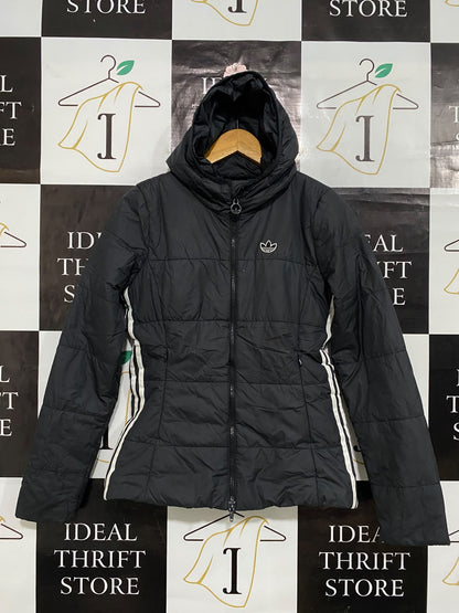 ADIDAS |S| BUST 18| A59| BLACK HOODED THREE-STRIPE TECHNICAL UTILITY PUFFER JACKET
