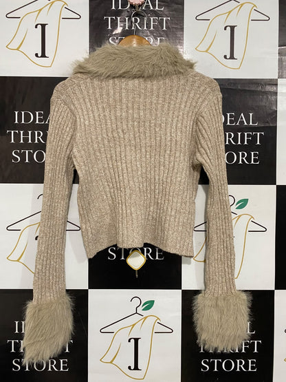 SHEIN |L| BUST 17| A59| BEIGE RIBBED FAUX-FUR TRIM BUTTON-FRONT TECHNICAL UTILITY CARDIGAN TOP