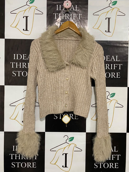 SHEIN |L| BUST 17| A59| BEIGE RIBBED FAUX-FUR TRIM BUTTON-FRONT TECHNICAL UTILITY CARDIGAN TOP