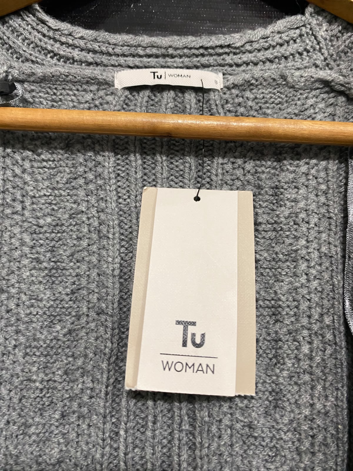 TU WOMAN |S| BUST 22| A59| GREY CABLE-KNIT OPEN-FRONT TECHNICAL UTILITY LONG CARDIGAN
