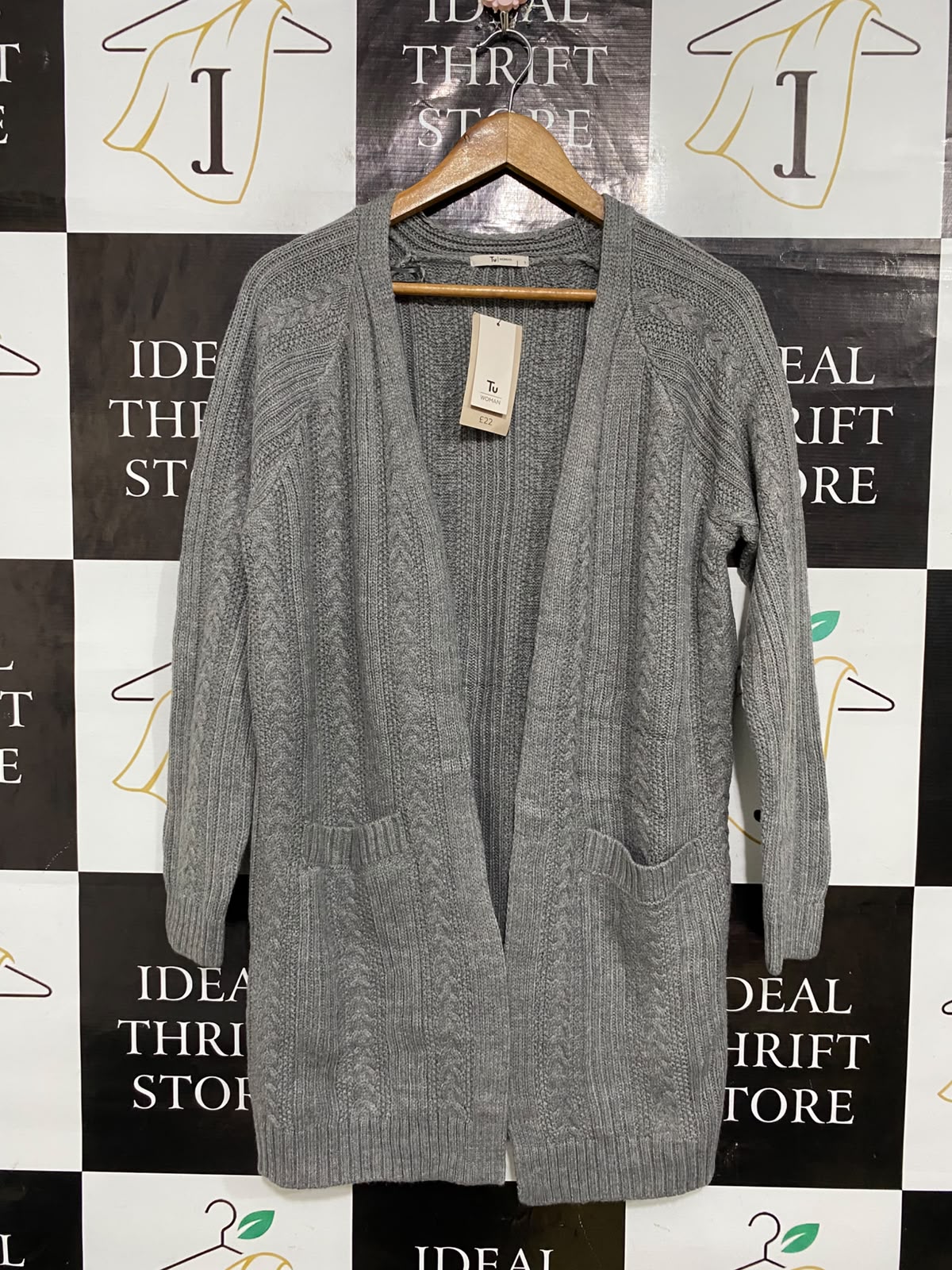 TU WOMAN |S| BUST 22| A59| GREY CABLE-KNIT OPEN-FRONT TECHNICAL UTILITY LONG CARDIGAN