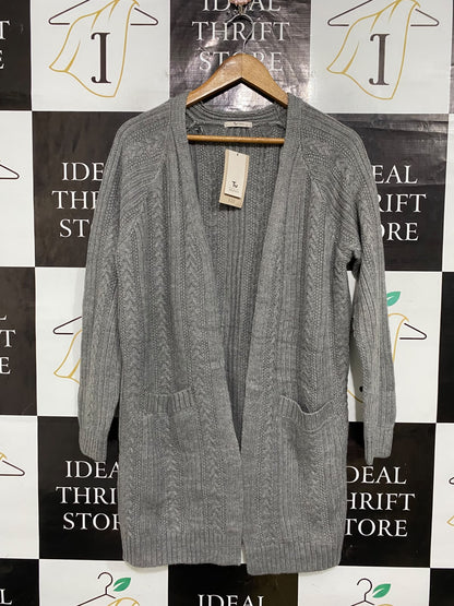 TU WOMAN |S| BUST 22| A59| GREY CABLE-KNIT OPEN-FRONT TECHNICAL UTILITY LONG CARDIGAN