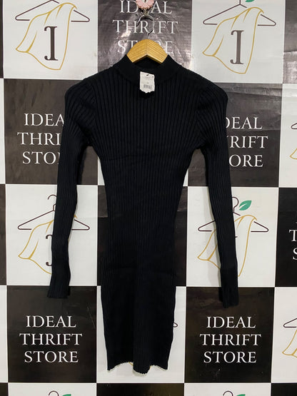 COTTON ON |XS| BUST 13| A59| BLACK MOCK-NECK LONG-SLEEVE RIBBED TECHNICAL UTILITY MIDI DRESS