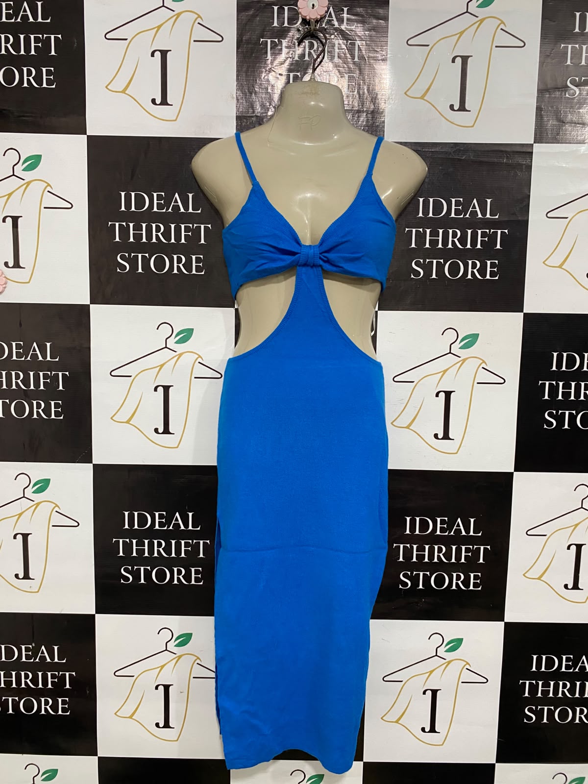 SHAREEN |S| BUST 15| A59| BLUE CUT-OUT KNOT-FRONT TECHNICAL UTILITY MIDI DRESS