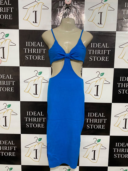 SHAREEN |S| BUST 15| A59| BLUE CUT-OUT KNOT-FRONT TECHNICAL UTILITY MIDI DRESS