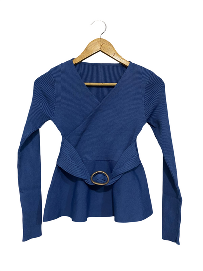 |XS| BUST 12| A60| BLUE WRAP-STYLE BELTED TECHNICAL UTILITY PEPLUM TOP