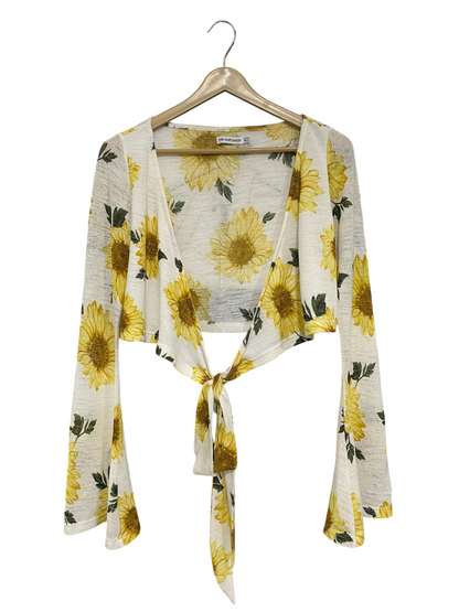 TOBY HEART GINGER |M| BUST 17| A60| YELLOW SUNFLOWER-PRINT TIE-FRONT TECHNICAL UTILITY CROP SHAWL