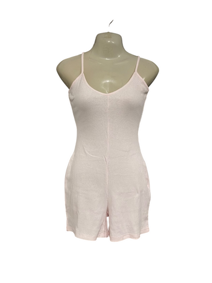 MESHKI |XS| BUST 15| A60| LIGHT PINK RIBBED SPAGHETTI-STRAP TECHNICAL UTILITY ROMPER