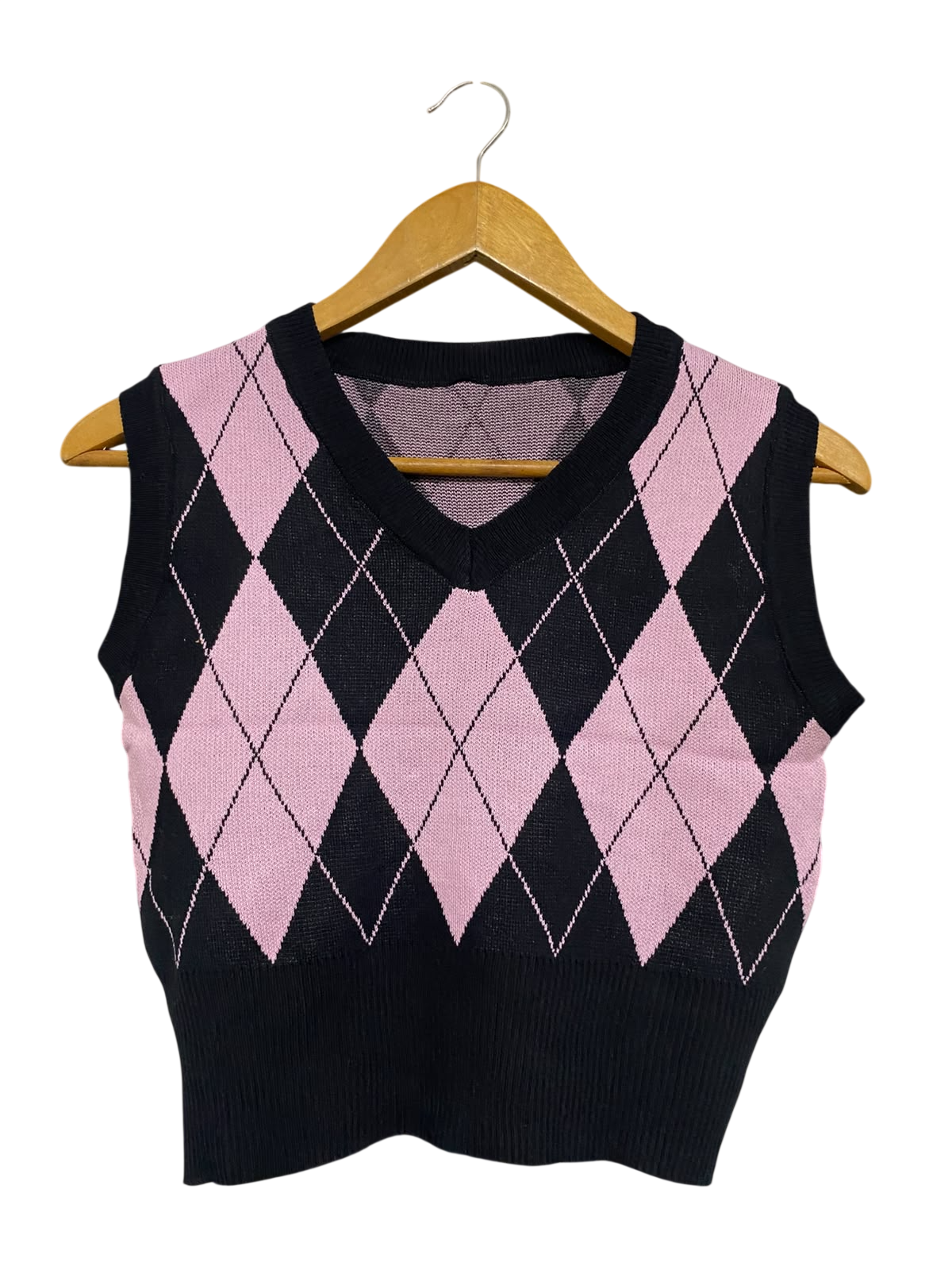 |S| BUST 16| A60| PINK AND BLACK ARGYLE PATTERN V-NECK TECHNICAL UTILITY SWEATER VEST