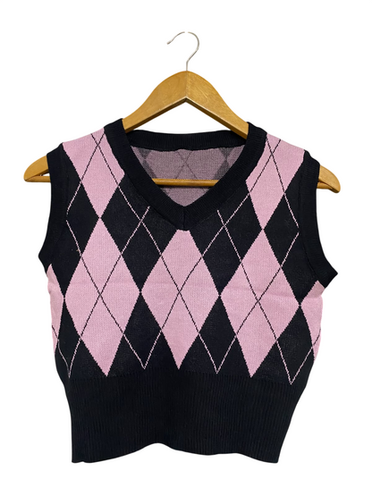 |S| BUST 16| A60| PINK AND BLACK ARGYLE PATTERN V-NECK TECHNICAL UTILITY SWEATER VEST