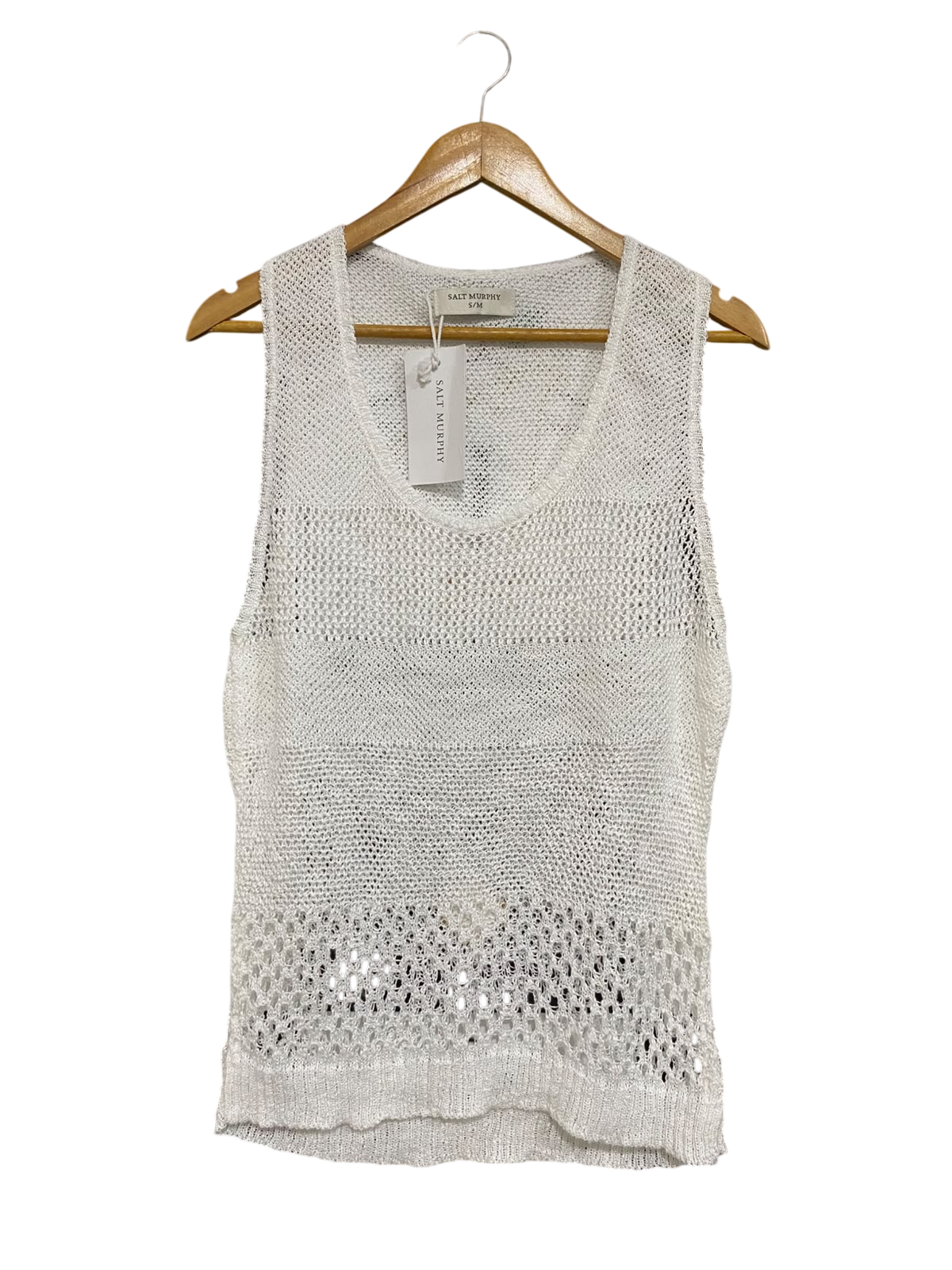SALT MURPHY |S/M| BUST 17| A60| SALT MURPHY WHITE OPEN-KNIT SLEEVELESS TECHNICAL UTILITY TOP