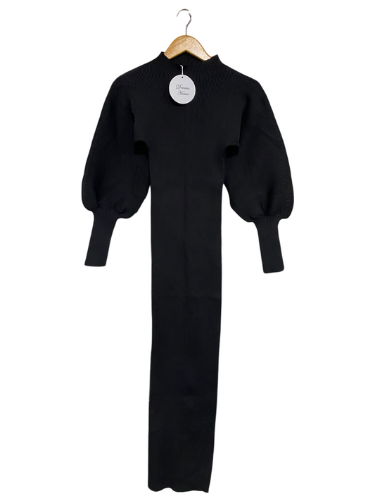 DREAM HOUSE |XS| BUST 10| A61| BLACK MOCK-NECK PUFF-SLEEVE TECHNICAL UTILITY MIDI DRESS