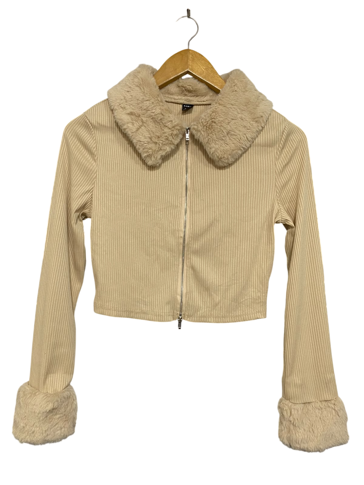 SHEIN |S| BUST 16| A61| BEIGE CORDUROY FAUX-FUR TRIM TECHNICAL UTILITY ZIP-UP JACKET