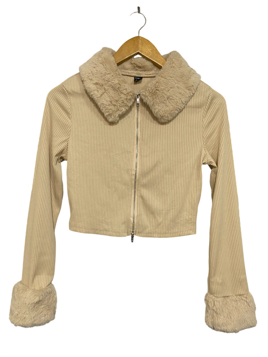 SHEIN |S| BUST 16| A61| BEIGE CORDUROY FAUX-FUR TRIM TECHNICAL UTILITY ZIP-UP JACKET