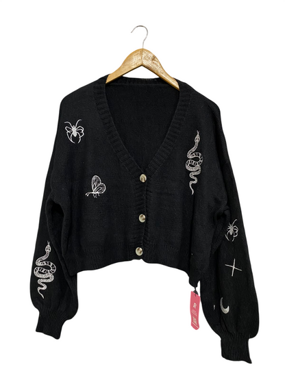 ROMWE |XL| BUST 24| A61| BLACK EMBROIDERED MOTIF CROPPED TECHNICAL UTILITY CARDIGAN