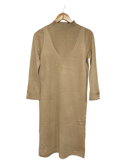 INSEE |M| BUST 19| A61| BEIGE LAYERED-LOOK MOCK-NECK TECHNICAL UTILITY MIDI DRESS